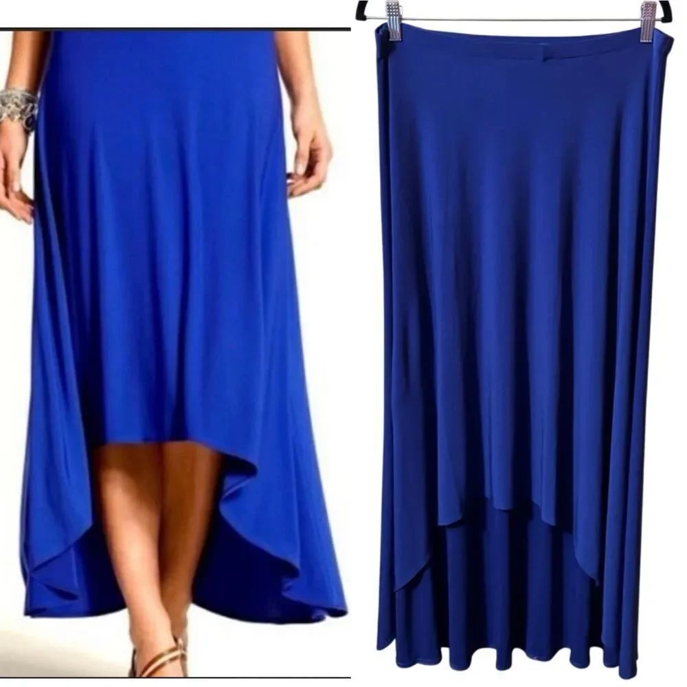 Chicos- Blue High Low Flounce Slinky Midi Maxi Skirt Stretch, Size 1 Medium